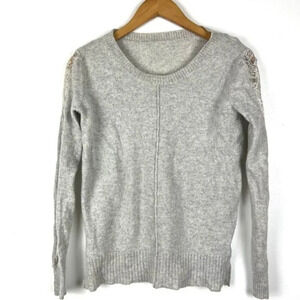 Women’s Gray Cashmere Sweater Sz S Sleeve Lace Insert‎ Quiet Luxury Soft Cosy